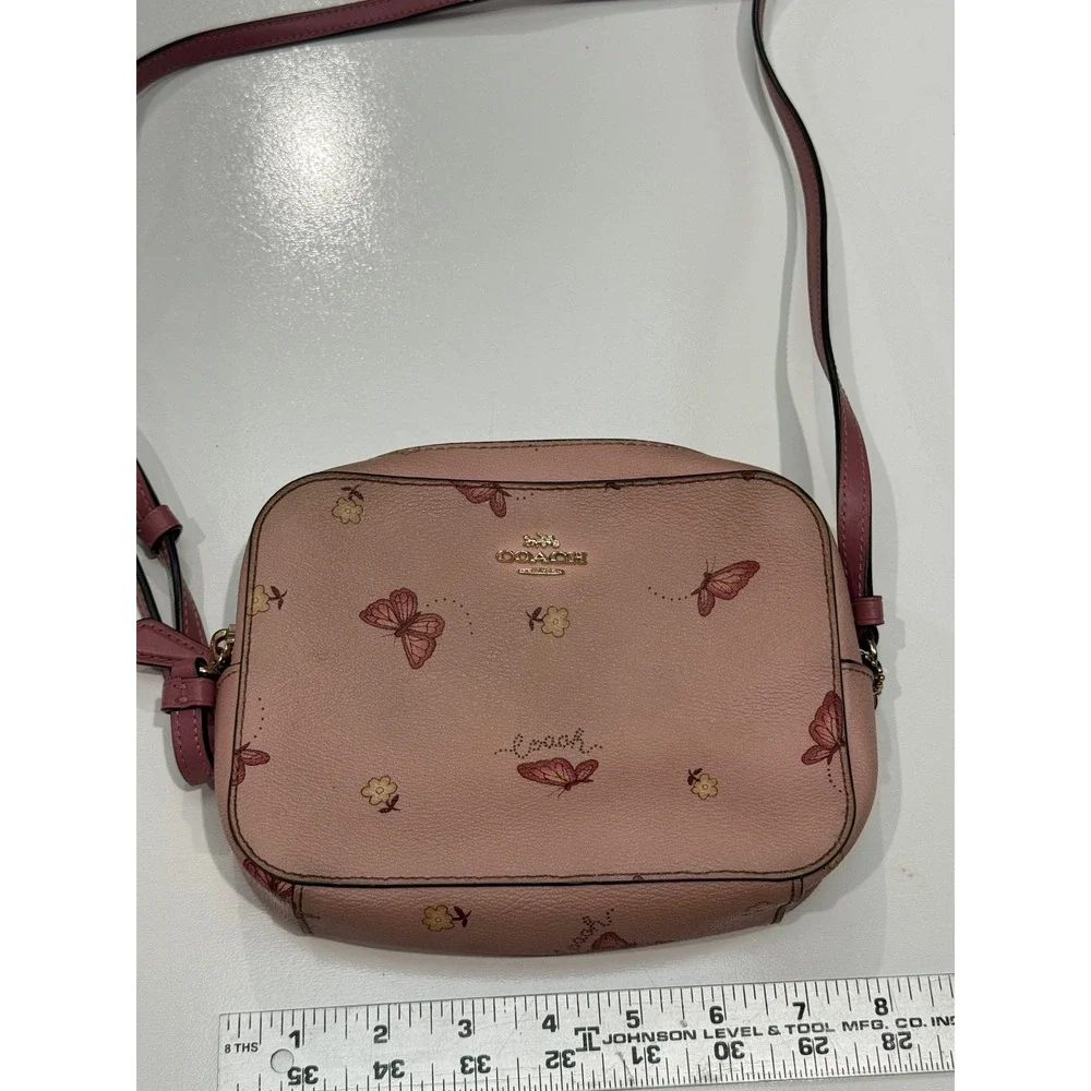 Coach Mini Camera Bag Pink Butterfly Floral Pebbled Leather Crossbody